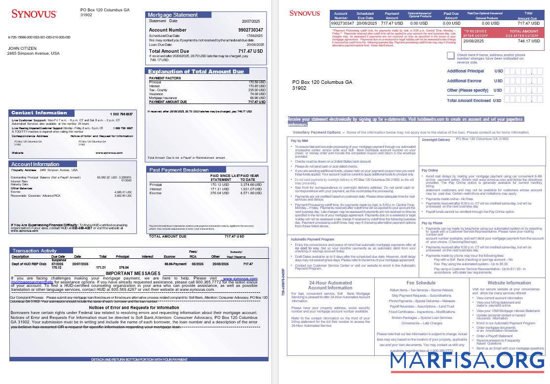 Realistic USA Synovus bank mortgage statement in Word and PDF formats, 3 pages 1 2 template